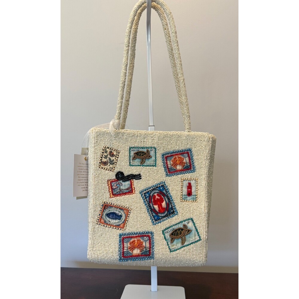 NWT White Viral Beaded Sea life Postage Stamp Lobster Tote Bag